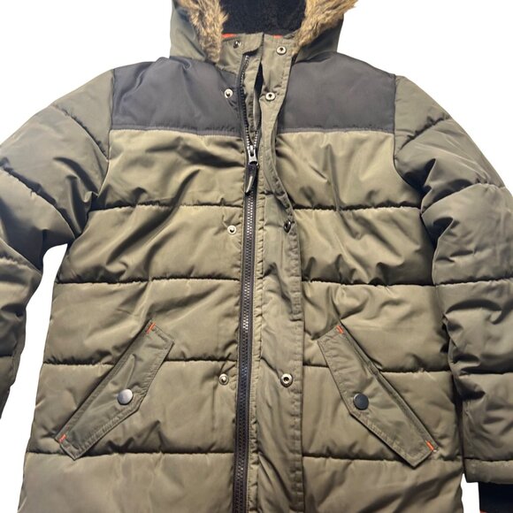 Cozy Puffer Youth Jacket Size 7 With Fur Hood Olive Green & Black - Picture 9 of 12